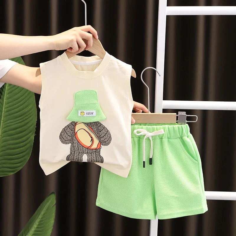 Kids Summer 2 Piece Outfit Set - Baby Boys & Girls Vest Top and Shorts Casual Sports Tracksuit