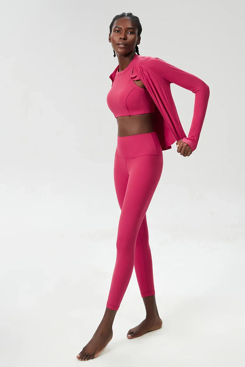 3PCS Women’s Fitness Yoga Set – Solid Color Ribbed Long Sleeve Top & High Waist Leggings, Breathable Workout Sportswear