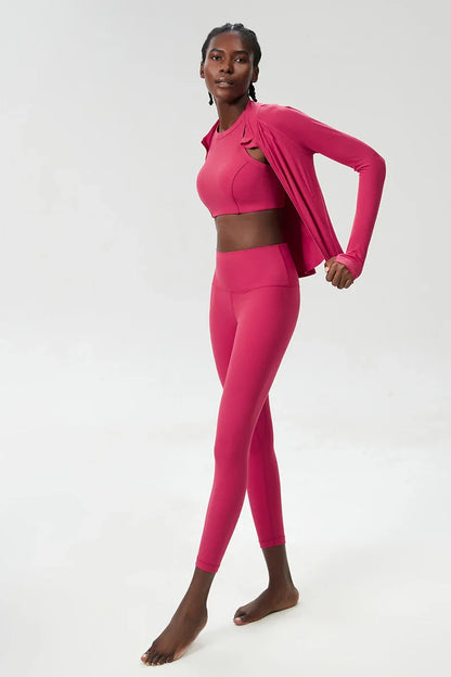 3PCS Women’s Fitness Yoga Set – Solid Color Ribbed Long Sleeve Top & High Waist Leggings, Breathable Workout Sportswear