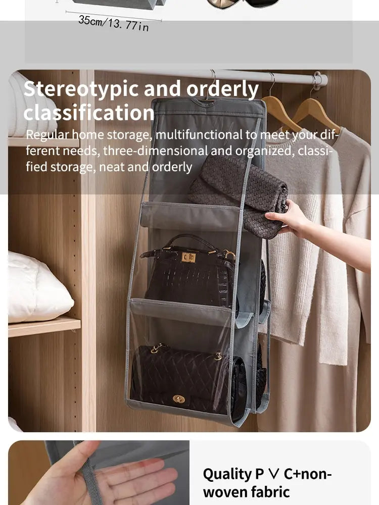 6-Pocket Hanging Handbag Organizer – Gray Waterproof Storage Bag with Hanger for Closet, Door & Wall