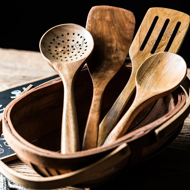 9PCS Teak Wooden Cooking Spoons Set – Kitchen Utensils with Holder