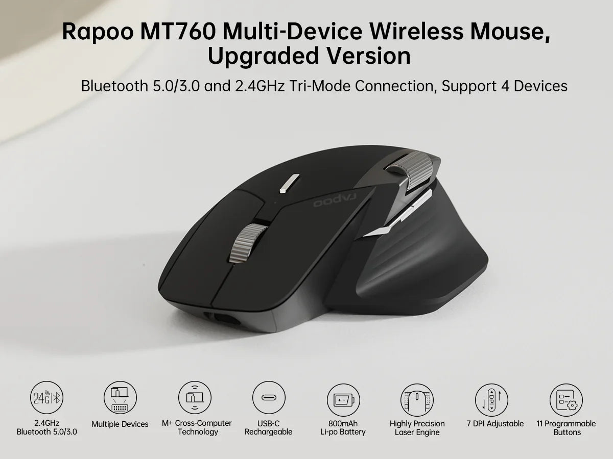 Rapoo MT760L/MT760M Multi-Mode Wireless Mouse – Ergonomic Rechargeable Bluetooth Mouse 4000DPI, Supports 4 Devices