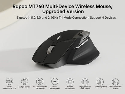 Rapoo MT760L/MT760M Multi-Mode Wireless Mouse – Ergonomic Rechargeable Bluetooth Mouse 4000DPI, Supports 4 Devices