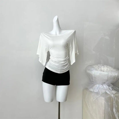 Women’s High Stretch Slash Neck Top - Slim Fit Flare Sleeve Pleated Summer Solid Color T-Shirt