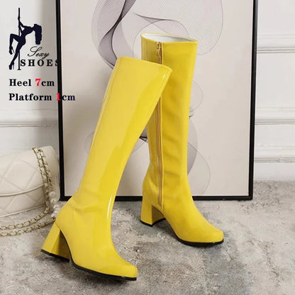 Women’s 7cm Retro Gogo Boots - 60s 70s Knee-High Square Heel Party Boots with Zip Size 44-45