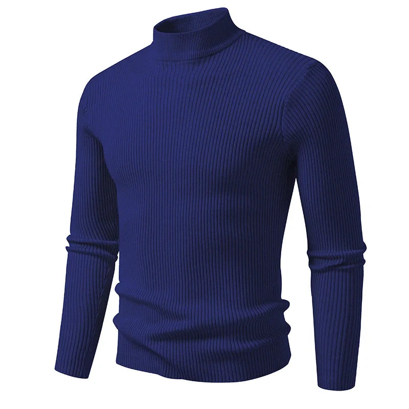 Men's Mock Neck Pullover Sweater - Striped High Neck Long Sleeve Winter Warm Casual Knitwear