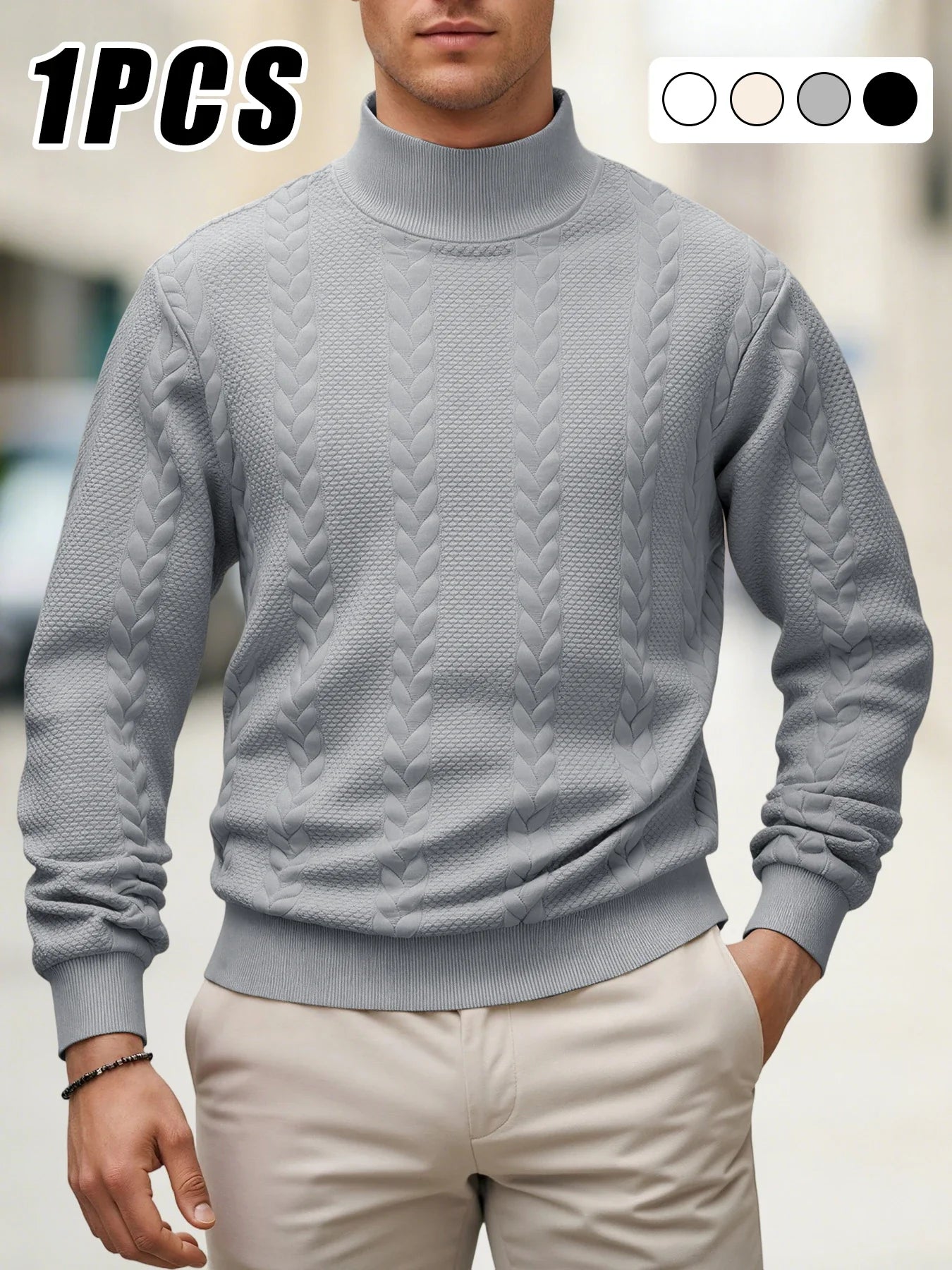 Men's Autumn Winter Thick Knit Sweater - Solid Color Mock Neck Slim Fit Warm Casual Pullover Top