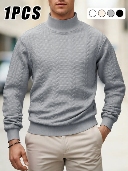 Men's Autumn Winter Thick Knit Sweater - Solid Color Mock Neck Slim Fit Warm Casual Pullover Top
