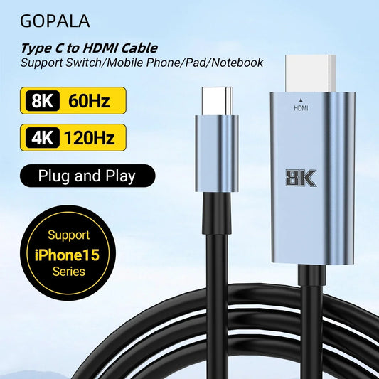 USB-C to HDMI 8K 60Hz & 4K 120Hz Cable for MacBook, iPad, iPhone 15/16/17 & Samsung