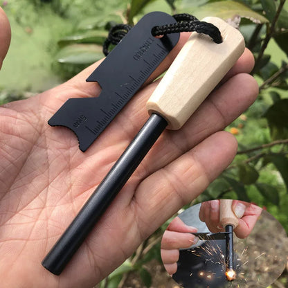 Wilderness Survival Flint Kit - Magnesium Fire Starter Stick with Wooden Handle for Camping Outdoor Emergency Gear
