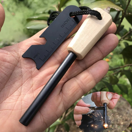 Wilderness Survival Flint Kit - Magnesium Fire Starter Stick with Wooden Handle for Camping Outdoor Emergency Gear