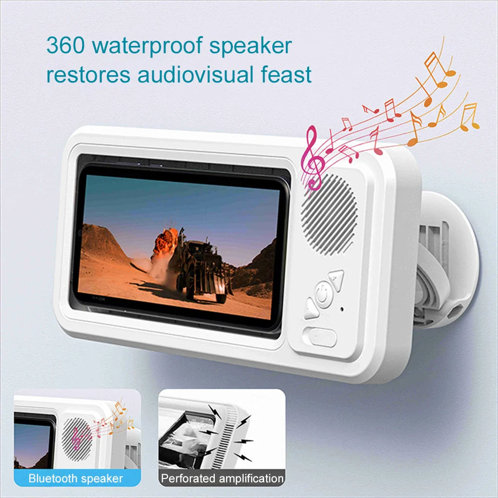 Waterproof Bathroom Phone Holder with Bluetooth Speaker – 360° Rotating Touch Screen Stand for Bath & Shower Entertainment