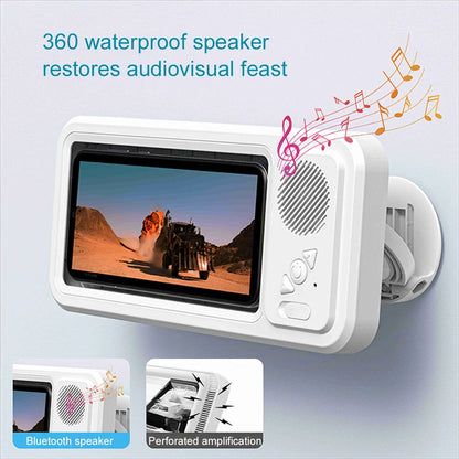 Waterproof Bathroom Phone Holder with Bluetooth Speaker – 360° Rotating Touch Screen Stand for Bath & Shower Entertainment