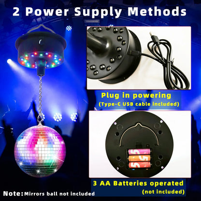RGBW Disco Ball Motor with Remote - Adjustable 5-10RPM Mirror Ball Spinner with Multi-Mode LED Lighting