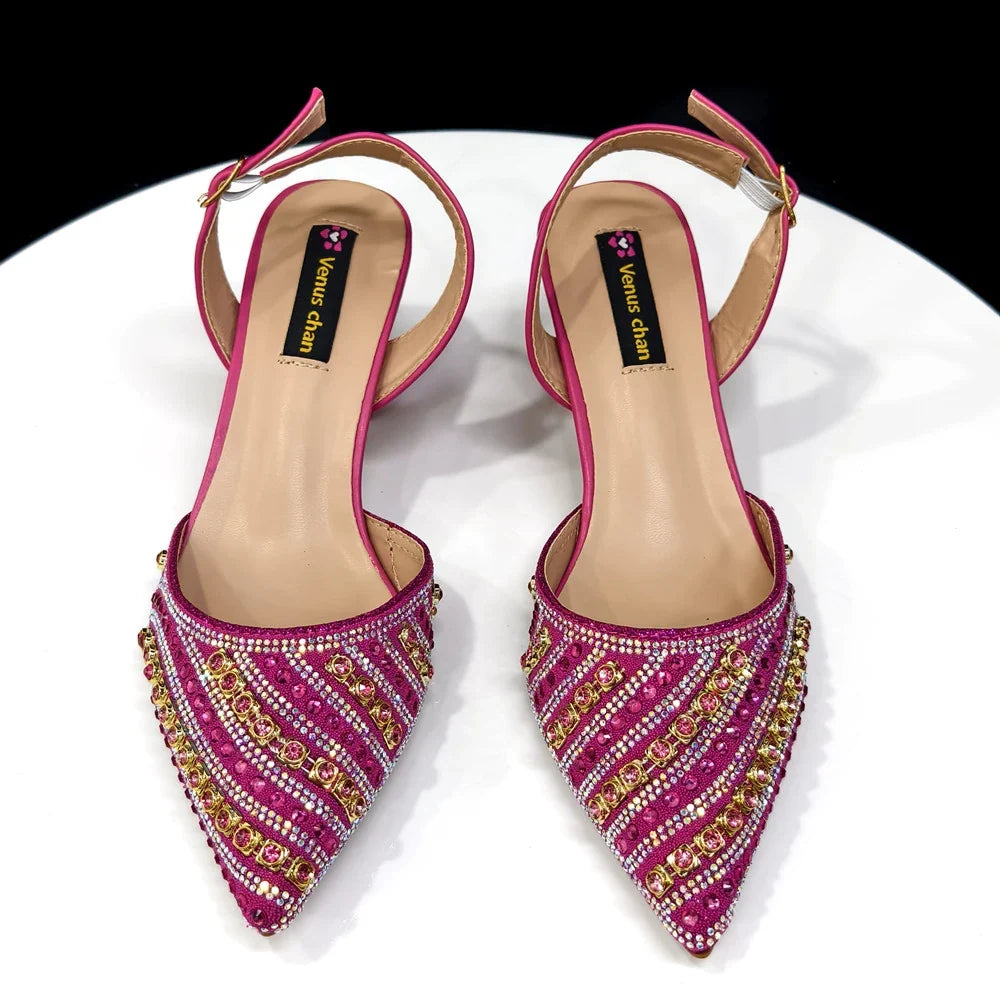 Women’s Fuchsia Rhinestone Shoe & Bag Set - Shiny Italian Style Pointed Toe High Heel Fashion Accessories