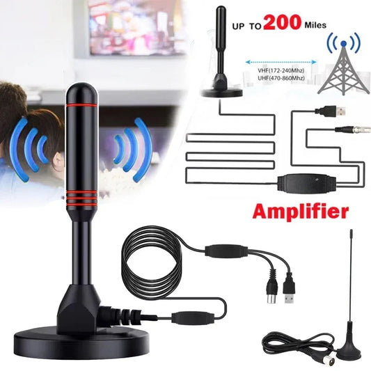 HD Digital TV Antenna - 200 Miles Amplified Indoor/Outdoor VHF UHF Aerial with Signal Booster