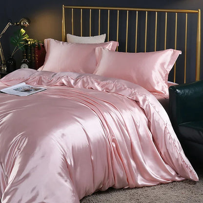 Silk Bedding Set With Duvet Cover - Luxury Satin Bed Sheet Pillowcase Set Solid Color King Queen Twin Size