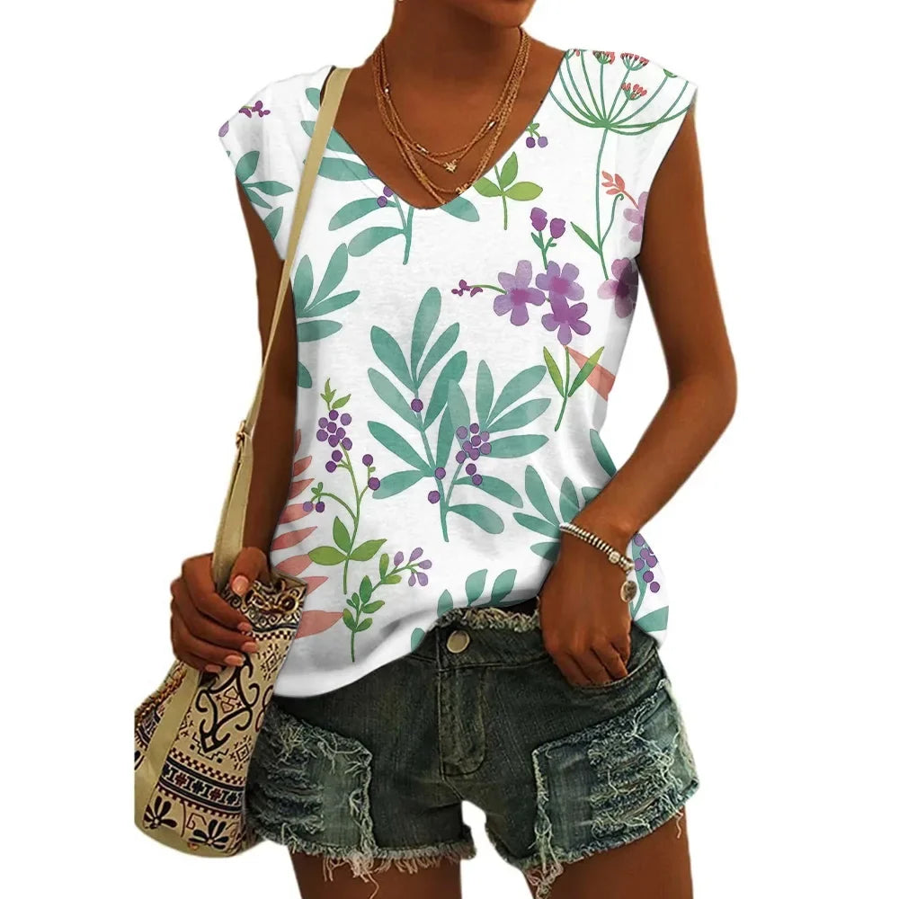 Women’s Floral Print T-Shirt - V Neck Cap Sleeve Loose Fit Summer Beach Top with Breathable Casual Style
