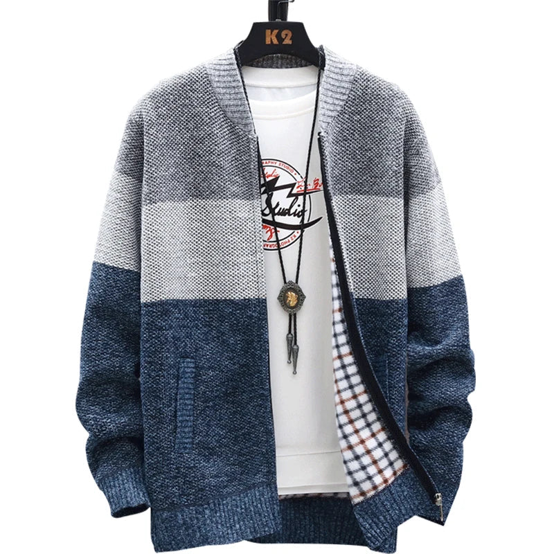Men's Autumn Winter Fleece Cardigan Sweater - Zipper Velvet Contrast Stripe Casual Warm Jacket Coat