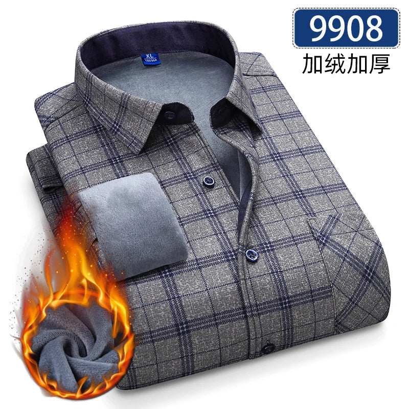 Men’s Fleece Plaid Shirt - Warm Thick Long Sleeve Business Check Shirt with Single Pocket for Autumn & Winter