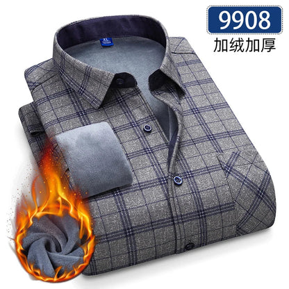 Men’s Fleece Plaid Shirt - Warm Thick Long Sleeve Business Check Shirt with Single Pocket for Autumn & Winter