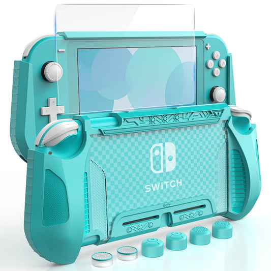 TPU Plaid Protective Sleeve for Nintendo Switch Lite – Includes Scratch-Resistant Tempered Glass Screen Film and 6 Keycaps
