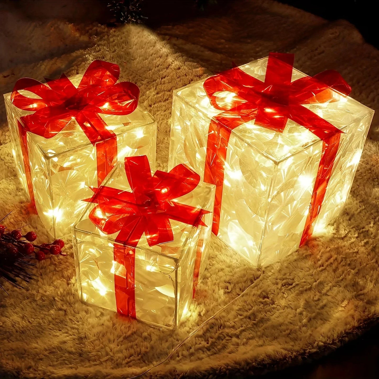 3pcs Lighted Gift Box Decorations - Christmas Tree Skirt Ornaments for Holiday Party Home Decor