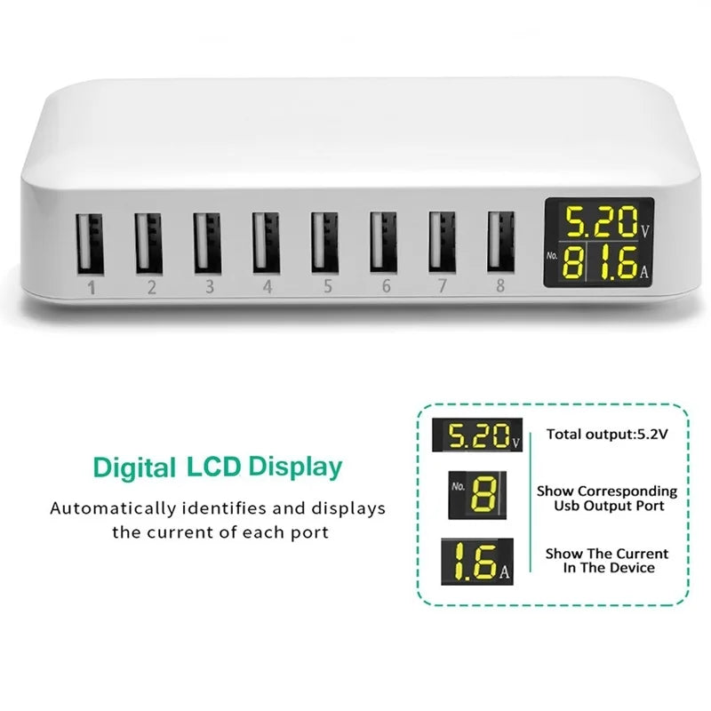 8-Port USB Fast Charging Station - Desktop Charger Hub with LCD Display for iPhone, Samsung & Xiaomi