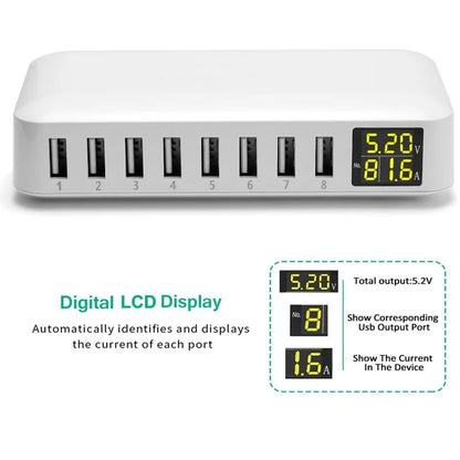 8-Port USB Fast Charging Station - Desktop Charger Hub with LCD Display for iPhone, Samsung & Xiaomi