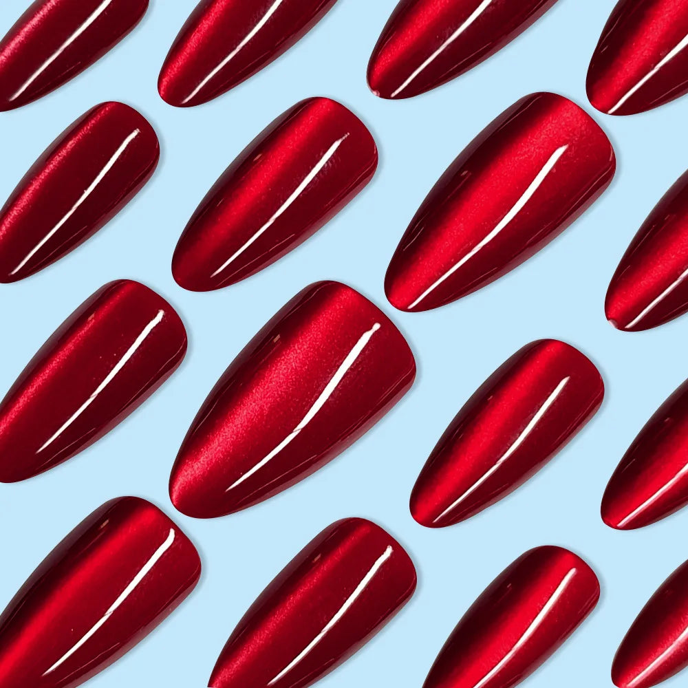 24PCS Glossy Red Cat Eye Press-On Nails Almond Full Cover Reusable Fake Nail Set