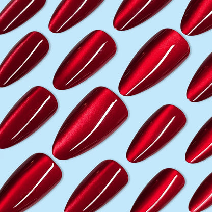 24PCS Glossy Red Cat Eye Press-On Nails Almond Full Cover Reusable Fake Nail Set