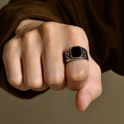 Punk Vintage Ethnic Rings for Men – Retro Viking Knot Rune, Black Geometric Square Stone Signet Jewelry