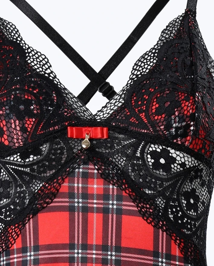 Women’s Summer Plaid Sleep Dress - Lace Trim Crisscross Backless Sleeveless Nightgown Sleepwear