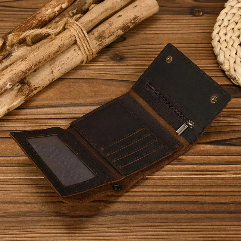 Men’s Genuine Leather Short Wallet with Chain – Trifold Zipper Clutch, Card Holder & Coin Purse