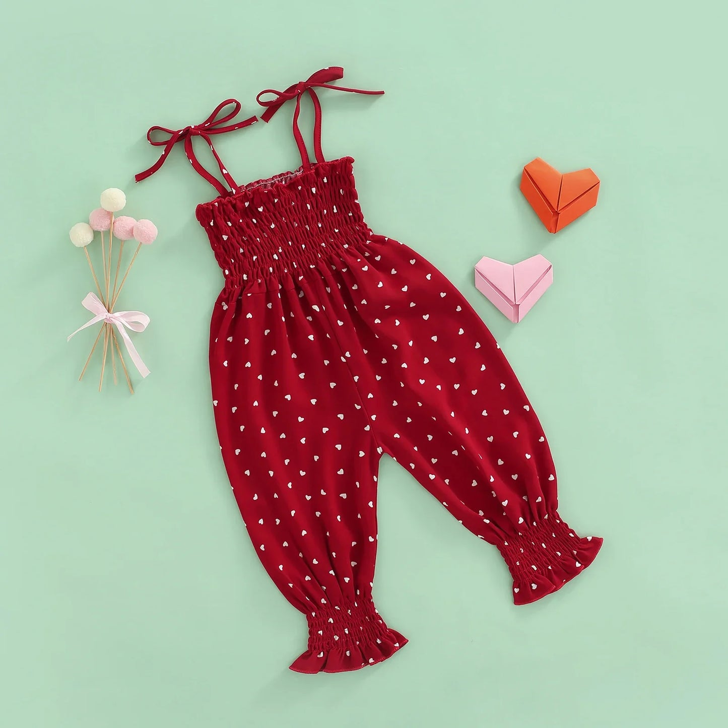 Lioraitiin Toddler Girl Sling Jumpsuit – Heart & Leopard Print Pleated Tie-Up Overalls Romper for Ages 0-4 Years