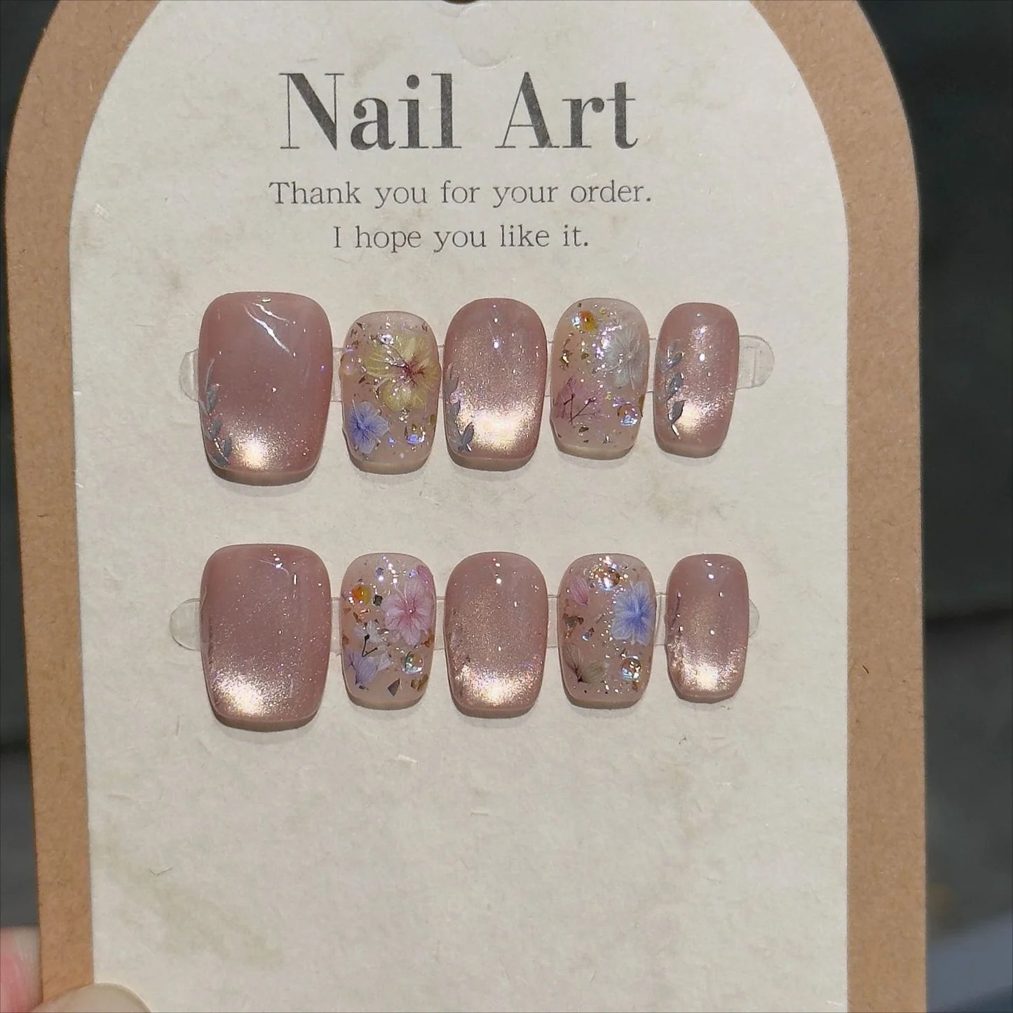 10 Pcs Handmade Short Square Press-On Nails – Full Cover Flower & Cat Eye Ballet False Nails Manicure Tips