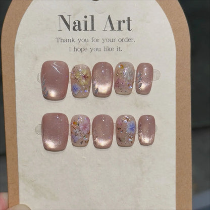 10 Pcs Handmade Short Square Press-On Nails – Full Cover Flower & Cat Eye Ballet False Nails Manicure Tips