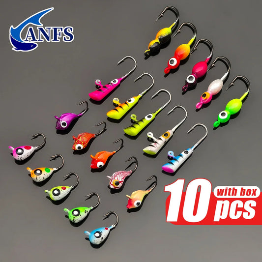 ANFS 10pcs Ice Fishing Lures - Vibrant Color Fishing Jigs with Hooks for Winter Ice Angling