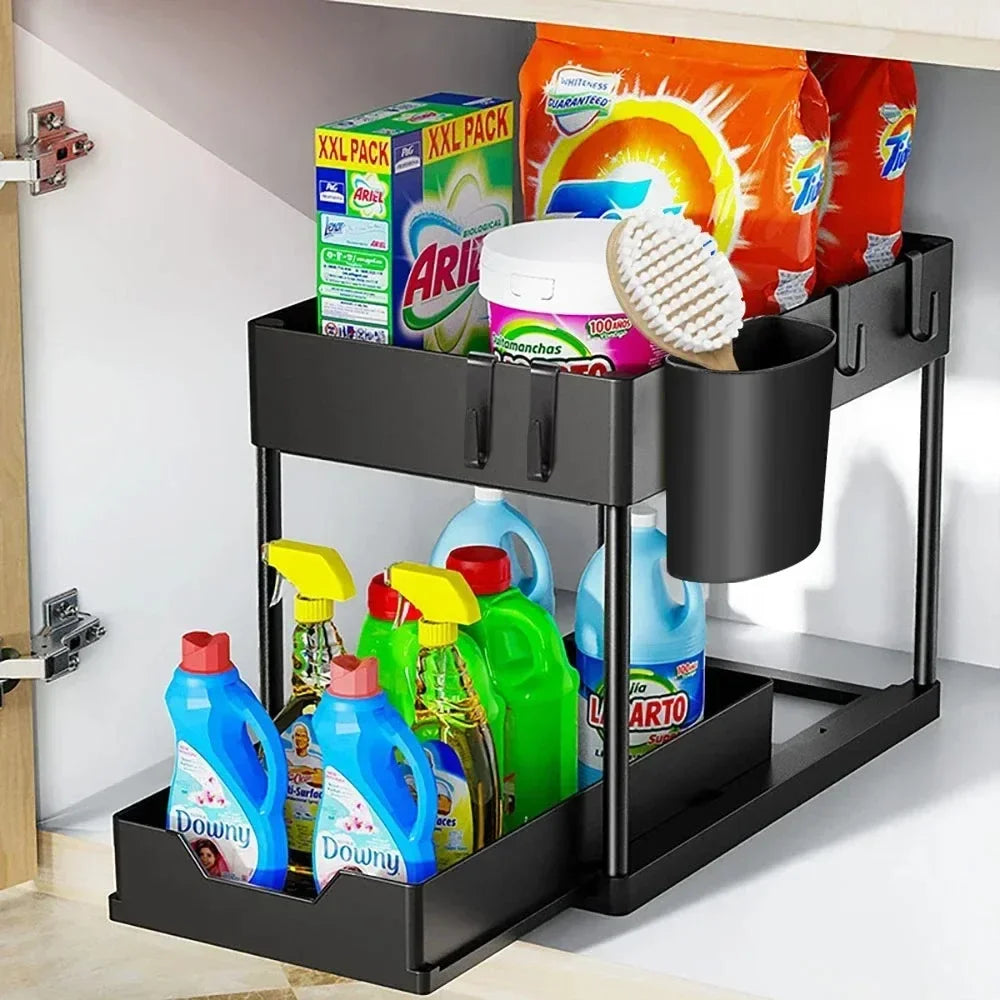 2-Tier Under Sink Sliding Organizer — Cabinet Basket Storage Rack with Hooks for Bathroom & Kitchen Cups
