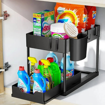 2-Tier Under Sink Sliding Organizer — Cabinet Basket Storage Rack with Hooks for Bathroom & Kitchen Cups