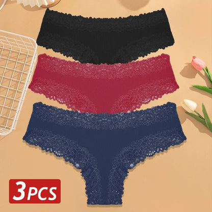 3PCS Women’s Cotton Lace Panties Set - Low Waist Brazilian Bikini Underwear Soft Floral Lingerie T-Back Style