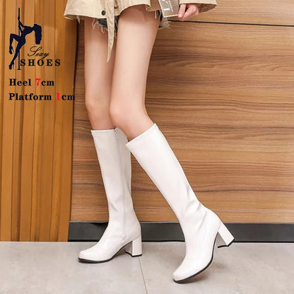 Women’s 7cm Retro Gogo Boots - 60s 70s Knee-High Square Heel Party Boots with Zip Size 44-45