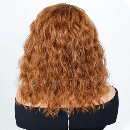 Honey Curly Bob Human Hair Wig — Side Part Pre-Plucked Glueless Brown & Blonde Curly Wig with Fringe Bangs