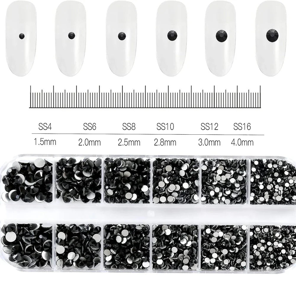 12-Grid Mixed Nail Rhinestones SS6-SS30 – Shiny Flat-Back Gems in Clear, Gold, Pink & Blue for Nail Art Decoration