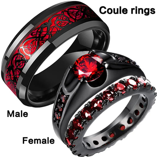 Red Rhinestone Wedding Ring Set - Stainless Steel Black Dragon Pattern Couple Bands for Men & Women