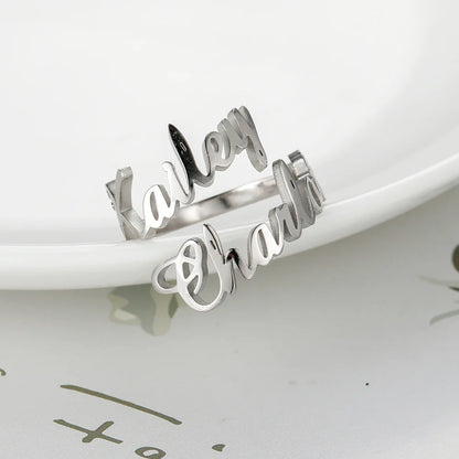 Custom Fishhook Double Name Finger Ring - Personalized Family & Couple Love Gift for Women & Men, Gold Stainless Steel Jewelry