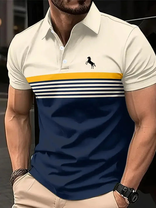 Men's 3D Horse Print Polo Shirt - Striped Color Block Short Sleeve Golf & Summer Casual Top