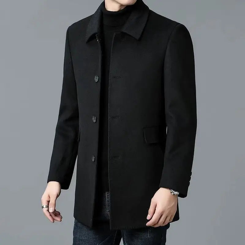 Men's Woolen Windbreaker Coat - Double-Sided Medium-Length Lapel Jacket for Four-Season Wear
