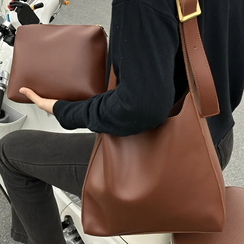 Women’s Retro Faux Leather Tote Bag – Minimalist Shoulder Bucket Handbag with PU Lining