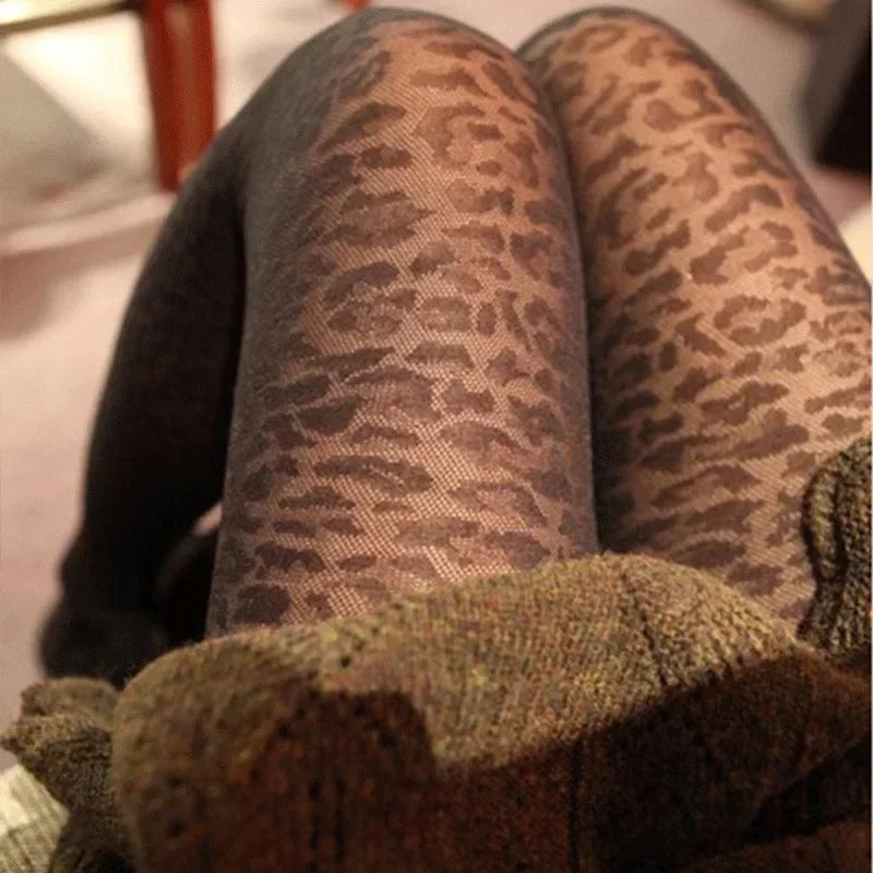 Vintage Sheer Leopard Pantyhose - Sexy Transparent Gothic Black Seamless Tights for Women